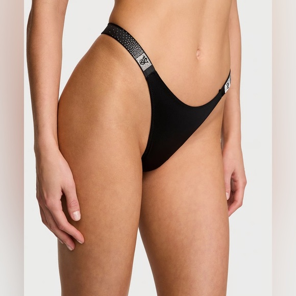 Victoria's Secret Other - Victoria’s Secret NWT Size M Black Satin Rhinestone Brazilian Thong Panty